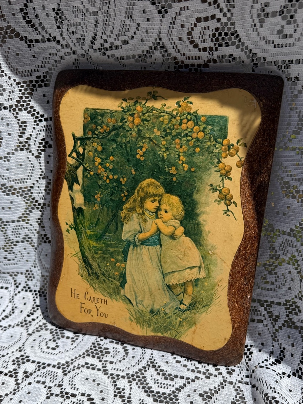 Antique “He Careth For You” Victorian Lithograph Wood Plaque | 8x10 Cottagecore